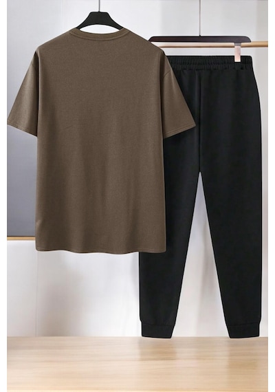 Uyguntarz Unisex Dr: Ayı Tasarım Basklı Tshirt Eşofman Takımı Kahverengi