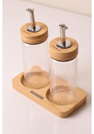 Bambu Kapaklı Cam Yağlık & Sirkelik Seti 2'li Standlı 200ml Şeffaf