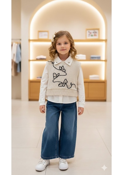 Miss Elitte Kelebek Detaylı Süveterli 3 Lü Takım 2-5 Yş-1017912 - Krem Krem