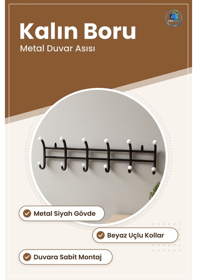 Duvar Askısı Kalın Borulu Metal Siyah Beyaz Antre Hol Giysi Kaban Çok Renkli