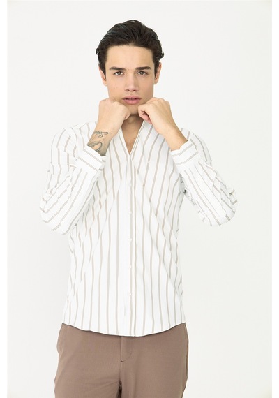Bej Çizgili Uzun Kollu Gömlek Slim Fit Beyaz-kahve