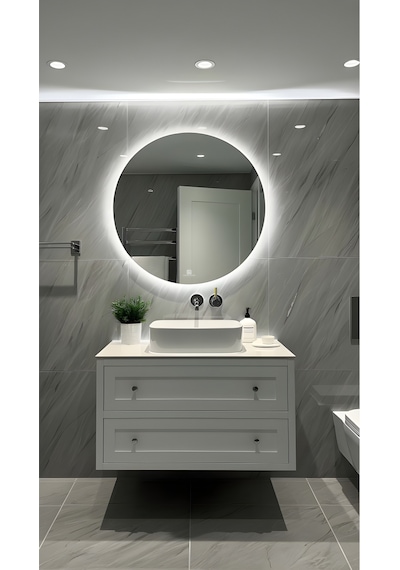 Digital Hayat Dokunmatik Dimlenebilir Beyaz Led Işıklı Yuvarlak Ayna Dekoratif Banyo Makyaj Aynası Beyaz