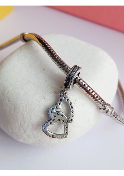 Gümüş Bileklik Uyumlu İkili Kalp Charm