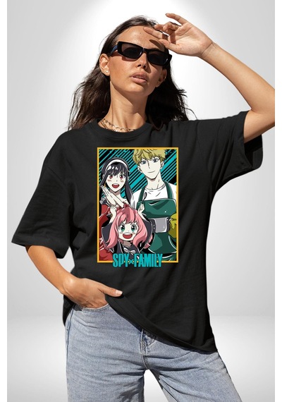 Spy X Family Anime Özel Tasarım Pamuklu Bisiklet Yaka Unisex Oversize Boyfriend Dijital Baskılı Siyah T-shirt Siyah