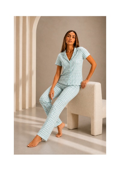 Fit Women Kadın Kısa Kol Rahat Kalıp Şık Su Yeşili Pijama Takımı