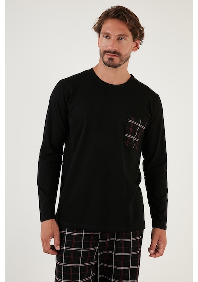 Buratti Ekoseli Cepli Beli Lastikli % 100 Pamuk Regular Fit Erkek Pijama Takımı 6572001 Siyah