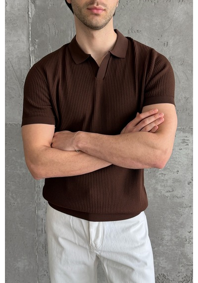 Erkek Petek Desen Polo Yaka Triko T-shirt Kahverengi