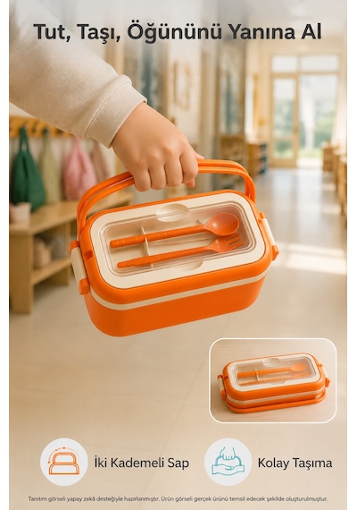 Turuncu 3 Bölmeli Çocuk Beslenme Kutusu Kaşık Çatal Dahil Kilitli Kapaklı Taşıma Saplı Lunch Box Diğer