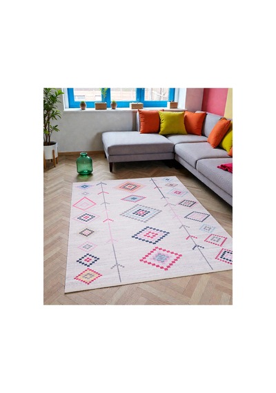 Modern Etnik Kilim Pastel Renkli Geometrik Desen Kaymaz Dokuma Taban Çok Renkli Çok Renkli