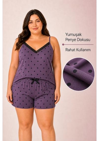 Bravie Kadın Büyük Beden İp Askılı Yakası Dantelli Mor Puantiye Desenli Yazlık Pijama Takımı