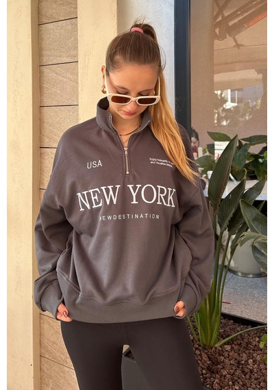 Madmext Füme Yarım Fermuarlı Baskılı Sweatshirt Mg2240 Füme