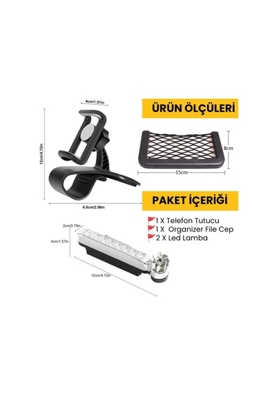 Upway 3 İn 1 Araç İçi Universal Telefon Tutucu Ve Organizer File Eşya Cebi Rüzgar Enerjili Led Lamba li Siyah