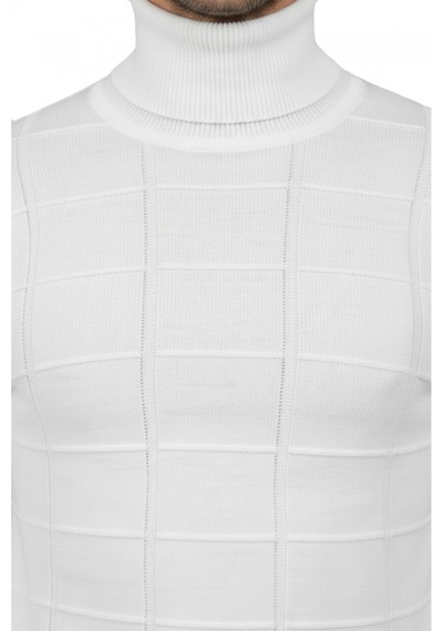 Rizzup Erkek Beyaz Kare Desenli Balıkçı Yaka Slim Fit Boğazlı Triko Kazak 2505493