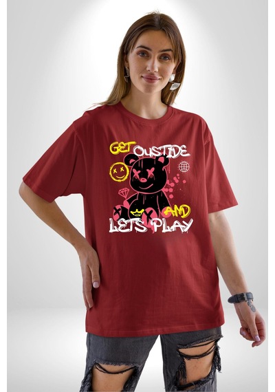 Dışarı Çık Ve Oynayalım Teddy Pamuklu Bisiklet Yaka Unisex Oversize Boyfriend Dijital Baskılı Kırmızı T-shirt Kırmızı