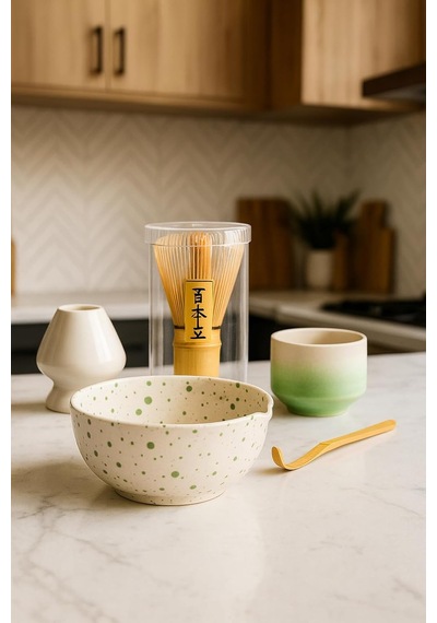 Premium Matcha Seti, Seramik Kase Ve Bardak, Bambu Chasen Çırpıcı, Tutucu Ve Kaşık Dahil, 5 Parça çok renkli