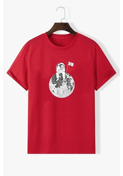 Flood Of Style Unisex Astronot Baskılı T-shirt Kırmızı