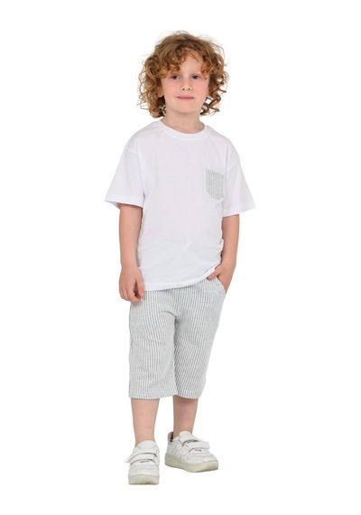 Erdem Kıds Erkek Çocuk Basic T-shirt Şort Çizgili Kaprili Yazlık 2'li Takım Gri Gri