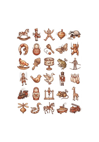 30 Adet Nostaljik Ahşap Oyuncak Sticker Seti - Defter, Ajanda, Laptop İçin Çok Renkli