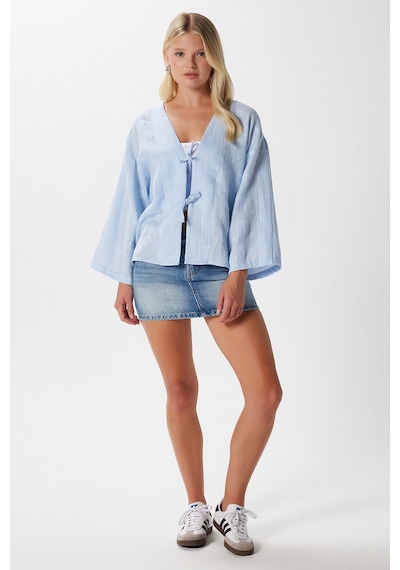 Ritnice Kadin Flora Müslin Kabartma Dokulu Mavi Kimono Mavi