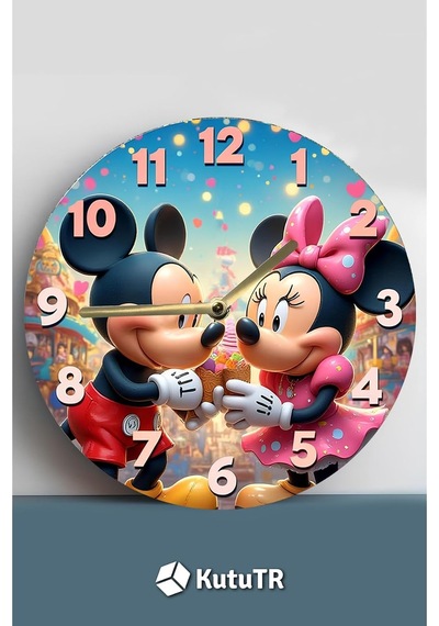 Kututr Mickey &amp Minnie Temalı Renkli Mdf Duvar Saati 3d Görünümlü Sessiz Mekanizmalı 2d Hd Baskı Sdw242,s