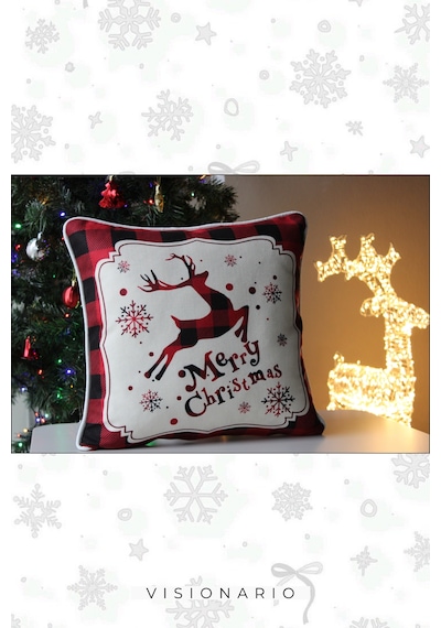 Kırlent Kılıfı Yılbaşı Temalı Merry Christmas Geyikli 45x45 Raşel Örme Kadife Dijital Baskı Beyaz Biyeli Çok Renkli