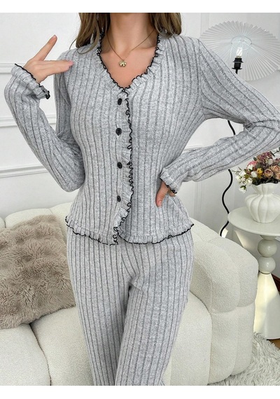 Bella Notte Gri V Yaka Pamuklu Düğmeli Pijama Takımı