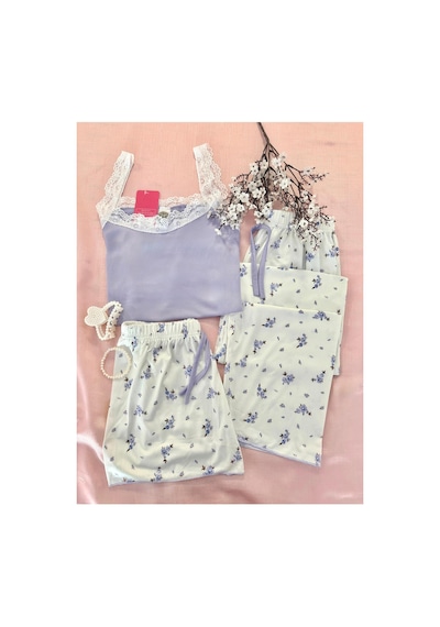 Mh Moony Homewears 3'lü Dantelli Lila Çiçek Bahçesi Pijama Takımı lila