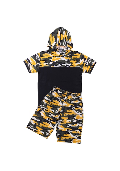Fyk Kids Erkek Çocuk Kapüşonlu Kamuflaj Desenli Kapri-sweatshirt Alt Üst Takım Sarı