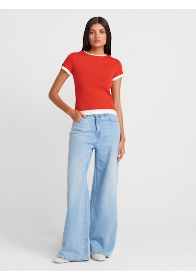 Dilvin 31859 Çift Görünümlü T-shirt-kırmızı Kırmızı