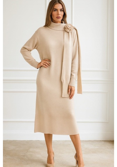 Onno Style Women Triko Atkılı Güllü Elbise Krem