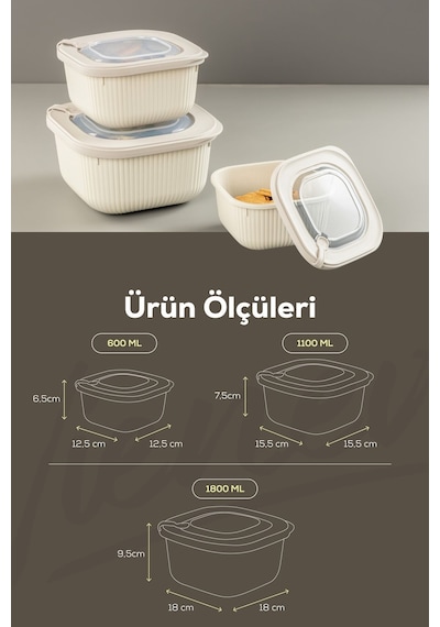 Vienev Mikrodalga Ve Difrize Uygun Vip Kapaklı Özel Saklama Kabı Seti Bej 12'li 4 x 600 -1100 - 1800 ML Bej