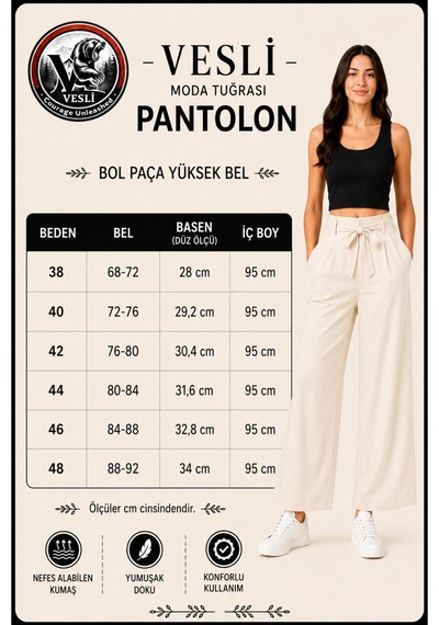 Vesli Kadın Krem Yüksek Bel Kuşaklı Bol Paça Palazzo Pantolon Double Kumaş Krem - 888926172 Krem