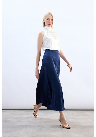 Sateen Yüksek Bel Saten Etek - Lacivert-136785 Lacivert