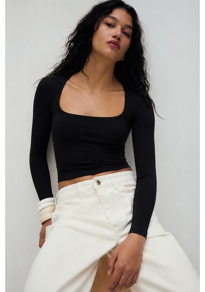Seeh Siyah Kare Yaka Uzun Kollu Kadın Body Sh206