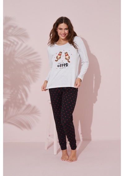 Siyah İnci Pamuklu Örme Pijama Takım 24241062 Gri