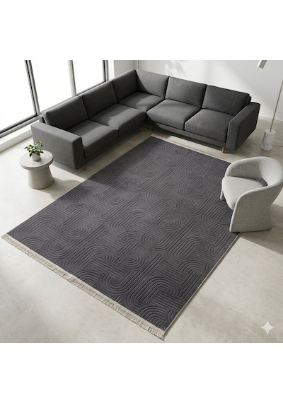 Melena Carpet Modern Salon Halısı Premium Seri Emboss Kabartmalı Saçaklı Kaymaz Taban Halı Antrasit