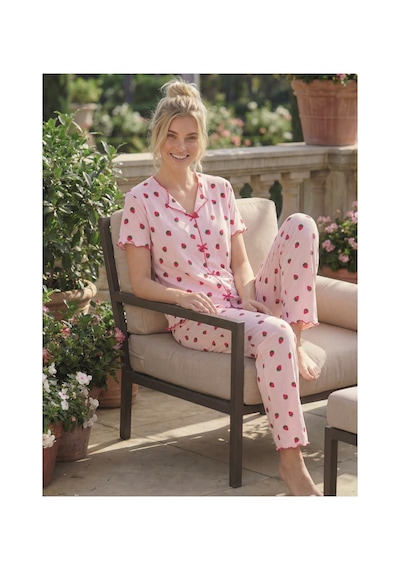 Eyfuze Kadın Baskılı Fiyonk Detaylı Raporlu Kaşkorse Kısa Kollu Pijama Takımı Pembe-1