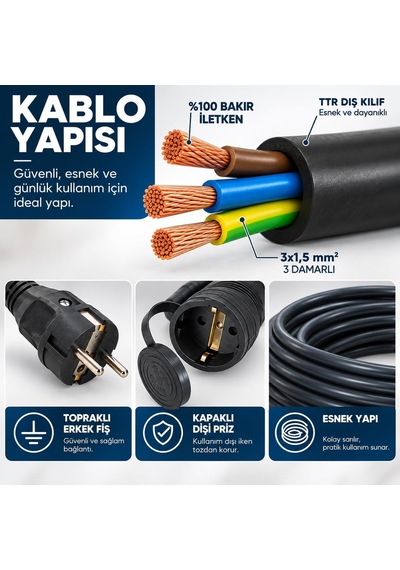 3x1.5mm%100 Bakır Ttr Topraklı Seyyar Uzatma Kablosu Siyah, 5 Metre Diger