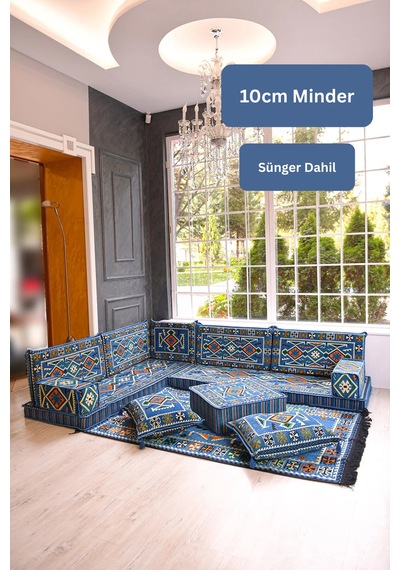 Otantik Şark Köşesi Takımı Mavi Anadolu 13 Parça Kilim Ve Puf Dahil Süngerli Sedir Seti