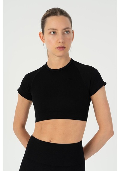 Maraton Slimfit Kadın Bisiklet Yaka Siyah- Crop Top Siyah-