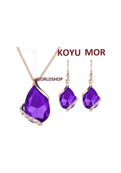 Büyük Taşlı Takı Seti 18 Gp Altın Kaplama Koyu Mor , Ahşap Kutu Içerisinde Koyu Mor Koyu Mor