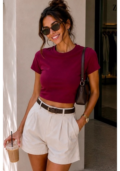 Bbbutikbasic %100 Pamuk Basic Crop Tişört My3535 Bordo