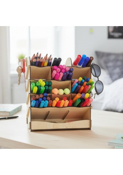 Wave 13 Gözlü Masaüstü Ahşap Organizer Kalemlik- Takı Makyaj Çok Amaçlı Organizer-hediyelik Akçaağaç Beyaz - Çok Renkli
