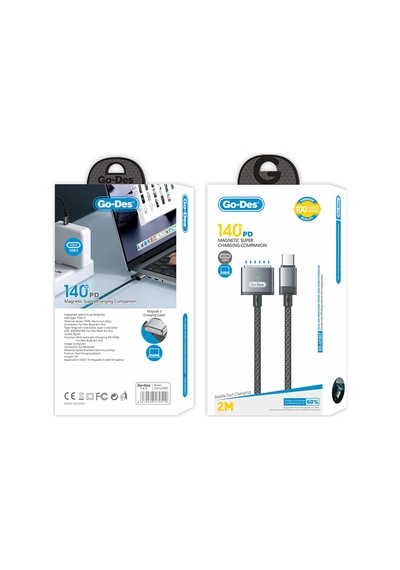 Go-Des GD-UC807 140W 2 M Apple Uyumlu MacBook Type-C Magsafe 3 Şarj Kablosu Gri
