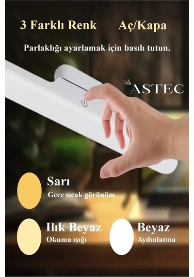 Astec Şarjlı Led Işık Dokunmatik Kablosuz Mıknatıslı 3 Renk Işık Dimli Kaliteli Beyaz
