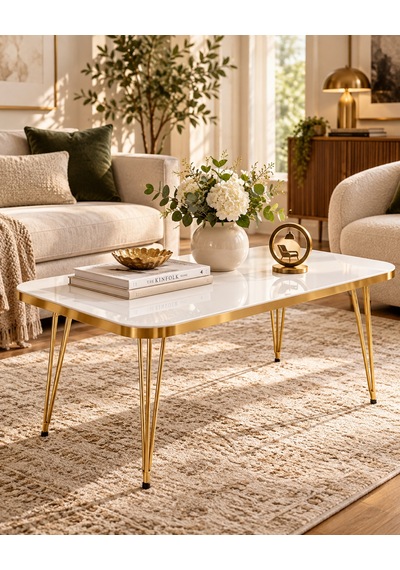 Odera Beyaz Orta Sehpa 90x50 Cm Metal Ayaklı Retro Modern Salon Sehpası Diğer