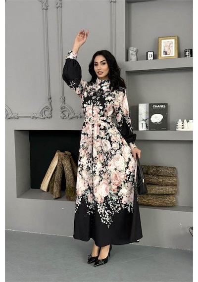 Neşeli Butik Kadın Siyah Çiçek Desenli İthal Kumaş Tam Düğmeli Kemerli Tasarım Elbise Nbms25115 Siyah Neşeli Butik Kadın Siyah Çiçek Desenli İthal Kumaş Tam Düğmeli Kemerli Tasarım Elbise Nbms25115 Siyah