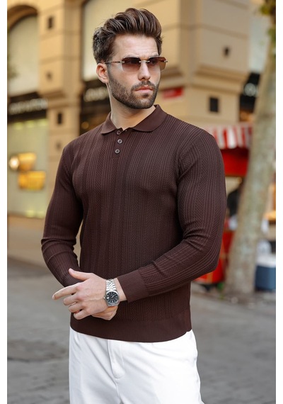 Madmext Kahverengi Düğmeli Polo Yaka Desenli Over Fit Erkek Triko Kazak E7520