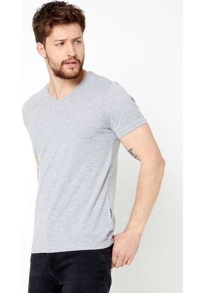 Erkek Indigo %100 Pamuk Basıc Regular Fit Pamuklu Kısa Kollu V Yaka T-shirt Gri
