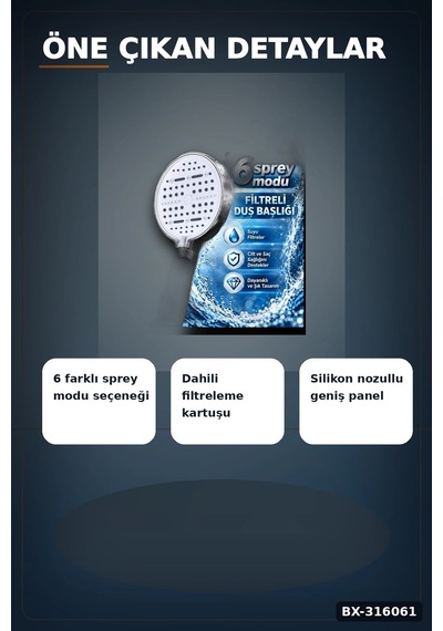 Filtreli Duş Başlığı 6 Su Modlu Geniş Panelli Silikon Nozullu Beyaz Gövde Bx-316061 Diğer